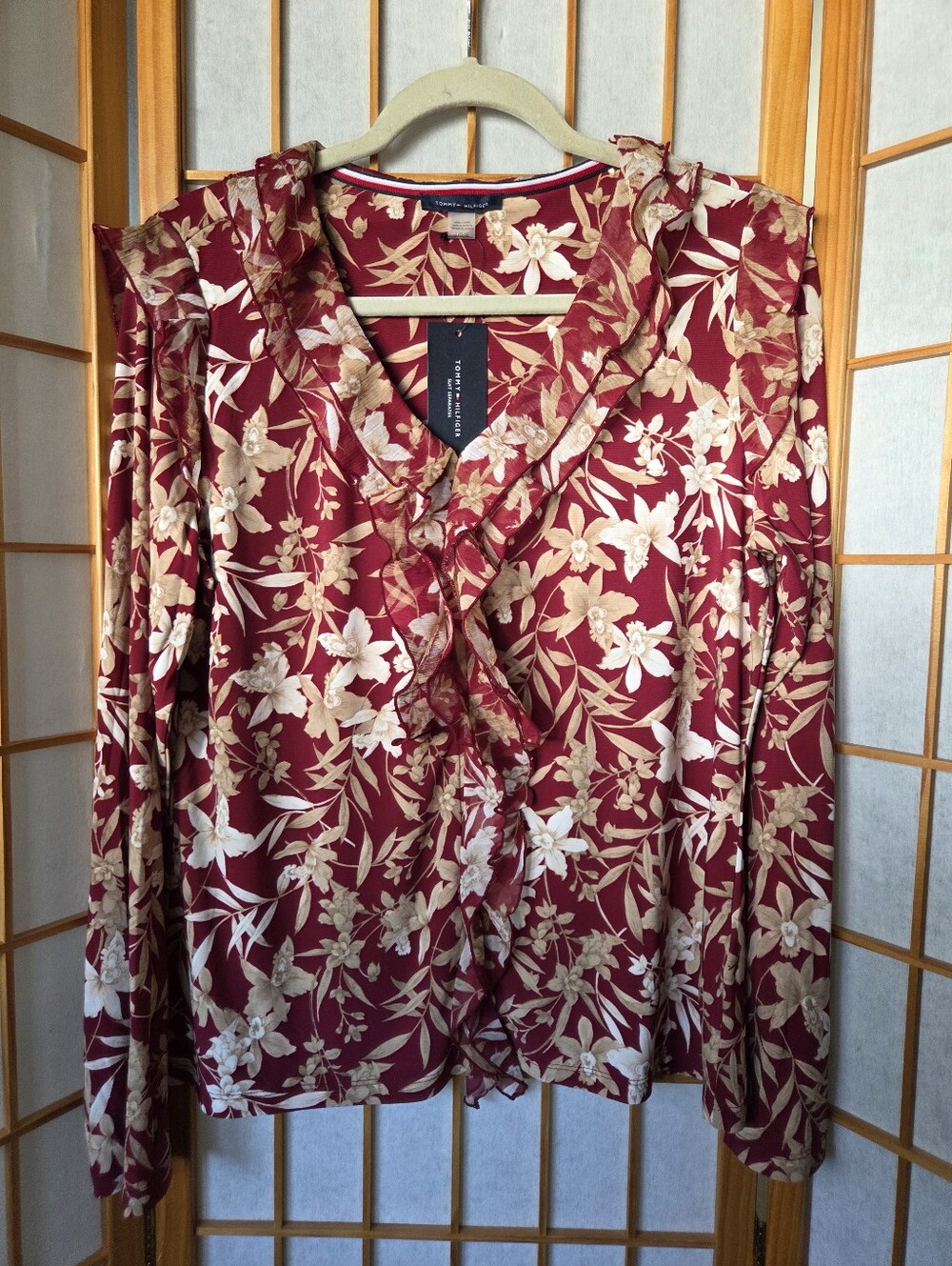 WOMENS TOMMY HILFIGER STRETCH FLORAL PRINT LONG SLEEVES RUFFLE PULLOVER BLOUSE L